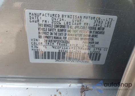 2014 Nissan Sentra Fe+ S/Fe+ Sv/S/Sl/Sr/Sv from USA, damaged, VIN 3N1AB7AP2EY243280